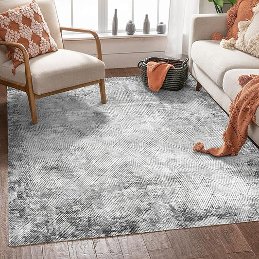 4' x 6' Washable Area Rug - Low Pile Soft Vintage Indoor Rug for Living, Dining or Bedroom - Lightweight Carpet with Non-Slip Backing - Foldable for Easy Placement, Grey