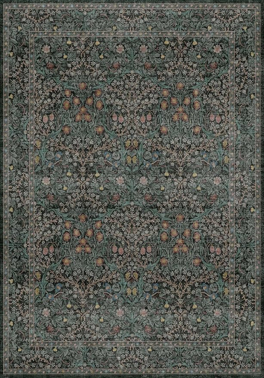 Vintage Dark Green Living Room Rug, 7x10 Washable Area Rugs for Dining Room Under Table, Bedroom, Oriental Low Pile Stain Resistant Non-Slip Thin Soft Carpet