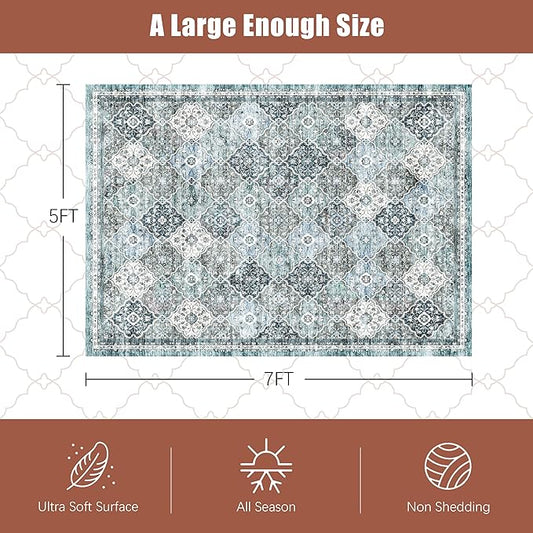 4' x 6' Washable Area Rug - Low Pile Soft Vintage Indoor Rug for Living, Dining or Bedroom - Lightweight Carpet with Non-Slip Backing - Foldable for Easy Placement, Ocean Blue