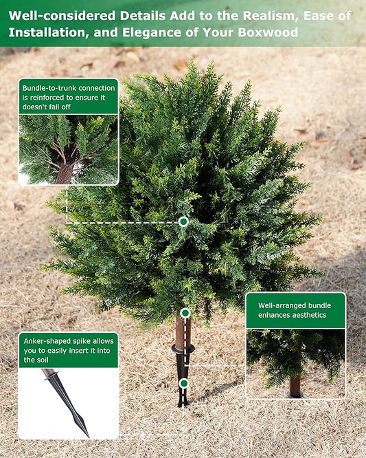 Artificial Cypress, 27.55'' Topiary Trees Artificial Outdoor, Faux Cedar Shurbs with Ground Spike, UV - Resistant Faux Plants for Outdoor planters, Set of 2 Fake Bushes Front Porch