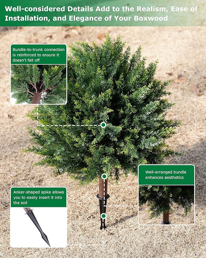 Artificial Cypress, 24'' Topiary Trees Artificial Outdoor, Faux Cedar Shurbs with Ground Spike, UV - Resistant Faux Plants for Outdoor planters, Set of 2 Fake Bushes Front Porch, Outside Garden Decor