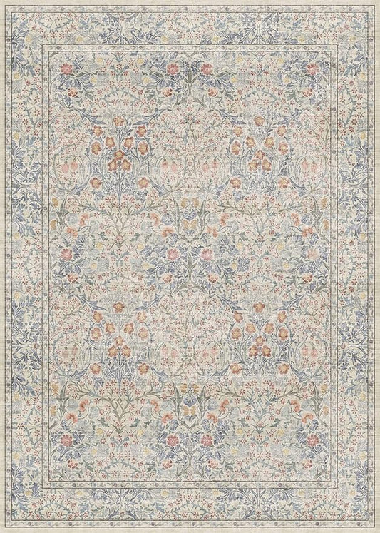 Beige Blue Living Room Rug 5x7, Cottage Area Rug for Bedroom, Vintage Washable Floral Mat for Nursery, Office, Low Pile Non Slip Stain Resistance French Country Style Retro Indoor (5x7 Beige Blue)
