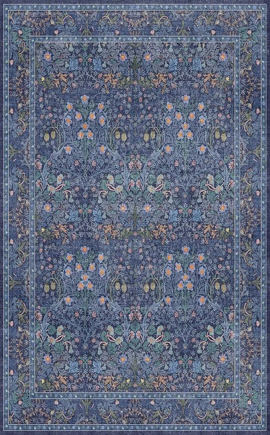 Vintage Dark Blue Living Room Rug 5x8 Area Rug - Vintage Floral Forest Washable Mat for Dining Room, Bedroom, Low Pile Non Slip Stain Resistance Distressed Retro Indoor Boho Floral Carpet