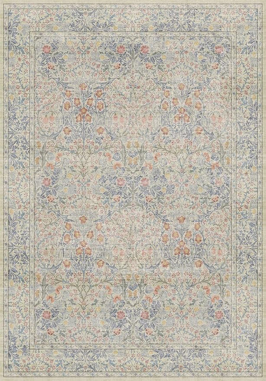 7x10 Washable Rug for Living Room - Stain Resistant Dining Room Rugs for Under Table, Soft Low Pile Large Carpet for Bedroom - Vintage Floral Non-Slip (Beige Blue)