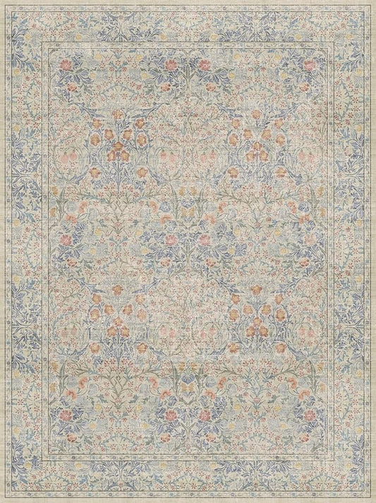 Washable Light Blue Bedroom Rug, 9x12 Area Rug for Living Room, Large Dining Room Rugs for Under Table, Soft Low Pile Non-Slip Stain Resistant Carpet - Vintage Floral Design (9x12 Beige Blue)