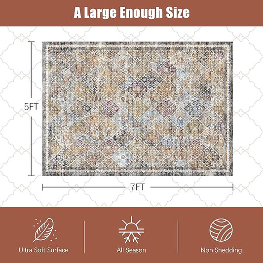 6' x 9' Washable Area Rug - Low Pile Soft Vintage Indoor Rug for Living, Dining or Bedroom - Lightweight Carpet with Non-Slip Backing - Foldable for Easy Placement, Multi