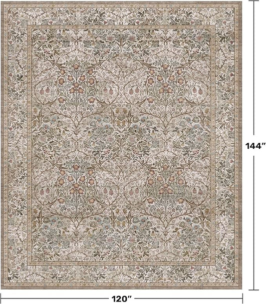 Washable Living Room Rug 10x12 - Moss Green Oriental Area Rug for Dining Room Under Table, Low Pile Non-Slip Floor Carpet for Bedroom Under Bed - Vintage Earthy Design & Stain Resistance