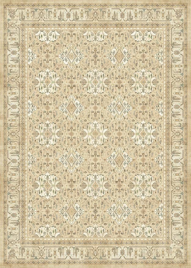 Boho Neutral 6x9 Area Rug, Non Slip Washable Rugs for Living Room Bedroom Low Pile Thin, Floral Moroccan Pattern Printed Carpet Rug for Dining Room Home Office Nursery Playroom, Warm Beige