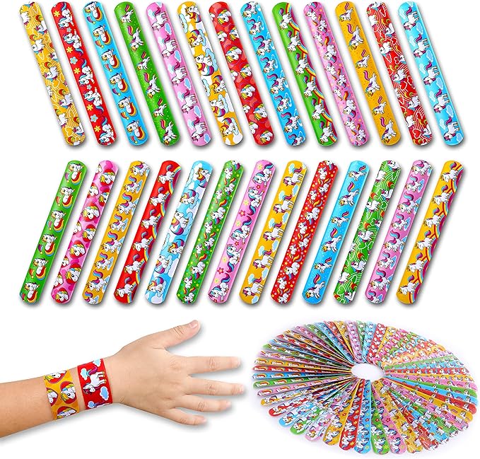 Giraffe Manufacturing 50 pcs Unicorn Slap Bracelets for Kids – Snap Wristbands for Birthday Goodie Bags, Classroom Prizes, Carnival Rewards,Christmas - Unicorn Party Favors for Girls & Boys