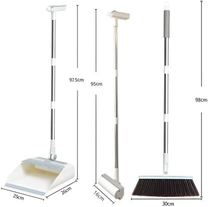 3-in-1 Broom, Dustpan, and Lint Roller Set - Adjustable Angle Broom with Self-Cleaning Dustpan and Extendable Handle Lint Roller for Pet Hair, Dust, and Dirt - Compact & Space-Saving Cleaning Kit