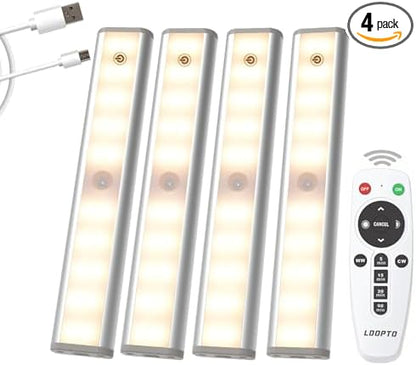 LDOPTO Under Cabinet Lighting, 4 Pack Rechargeable Motion Sensor Light Indoor, 10 Levels Dimmable Magnetic Closet Lights, Wireless Under Counter Lights 3 Colors for Kitchen, Stairs