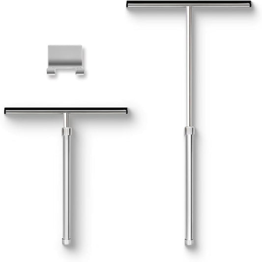Shower Squeegee with Long Handle and Adhesive Hook. for Glass Doors, Tile Walls, Mirrors and Windows. Telescoping Squeegee for Cleaning. Bathroom Stainless Steel Squeegee, 10inch Wide, Chrome – 1pk