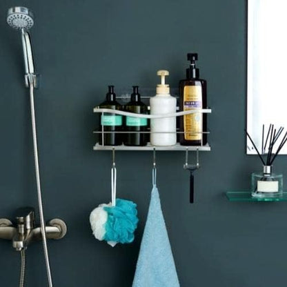 Displays By Jack Shower Caddy Organizer Apartment Essentials, Home Bathroom with Hooks for Hanging Razor and Soap, Shampoo Conditioner Holder, Adhesive Mounted No Drilling Bathroom Rack, Rustproof