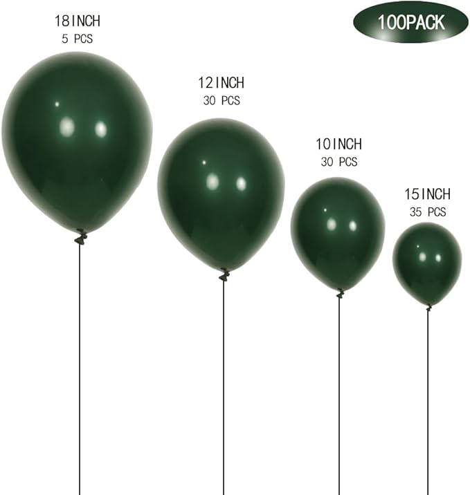 100pcs Dark Green Balloons Latex Party Balloons 18 inch +12 inch +10 inch +5 inch for Christmas Green Balloon Birthday Party Baby Shower Decoration