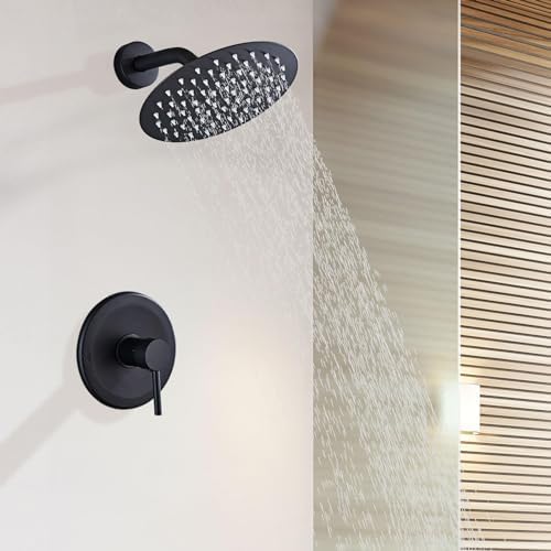 HUCKLE Shower Faucet Set with Shower Head, 6-Inch Black Shower Faucet with Valve, Single-Handle Rainfall Shower Head, Matte Black Shower Head for Bathroom