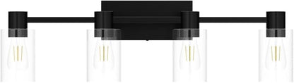 4-Light Modern Vanity Light Fixtures Over Mirror, Matte Black Bathroom Light Fixtures, Vanity Lights, Wall Sconce with Clear Glass Shade for Bathroom, E26 Base