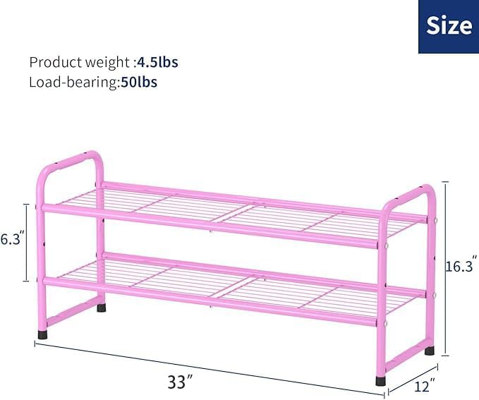 SUFAUY 33" Wide Shoe Rack for Closet, 2 Tier Metal Shoe Organizer Heavy Duty, Stackable, Pink