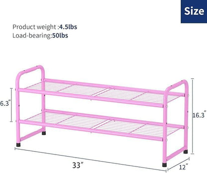 SUFAUY 33" Wide Shoe Rack for Closet, 2 Tier Metal Shoe Organizer Heavy Duty, Stackable, Pink