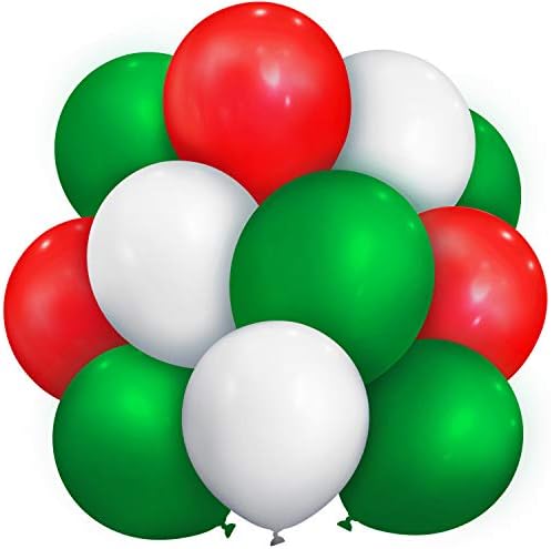TecUnite 100 Pcs Green White Red Latex Balloons 13 Inch Colorful Round Balloons for Christmas Wedding Birthday Holiday Party Decoration