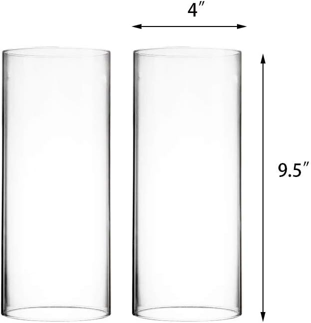 CYS EXCEL 2 PCS (H:9.5" D:4") Open Ended Glass Hurricane Candleholder Tube Shade | Multiple Size Choices Open Flame Candle Chimney Tube Cover | Bottomless Cylinder