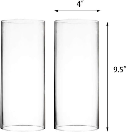 CYS EXCEL 2 PCS (H:9.5" D:4") Open Ended Glass Hurricane Candleholder Tube Shade | Multiple Size Choices Open Flame Candle Chimney Tube Cover | Bottomless Cylinder