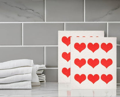 Swedish Dishcloths 2 Pack Row of Red Hearts Print Reusable Sponges Kitchen Cleaning Cloth Dish Scrubber, Machine Washable, Measures 7.87”x6.88 inches.