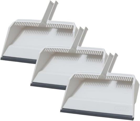 Superio 3-Pack Wide Plastic Dustpan with Comb - 16" Wide, Rubber Lip, Broom Handle Clip, White