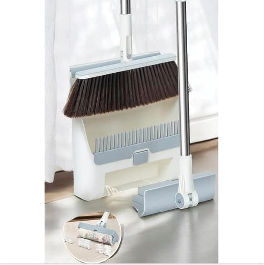 3-in-1 Broom, Dustpan, and Lint Roller Set - Adjustable Angle Broom with Self-Cleaning Dustpan and Extendable Handle Lint Roller for Pet Hair, Dust, and Dirt - Compact & Space-Saving Cleaning Kit