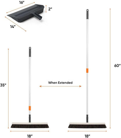 Superio 18" Horse Hair Upright Broom with Telescopic Handle & 16" Gray Dustpan with Comb, Rubber Lip & Clip – Narrow Thin Dust Broom for Dog Hair – Hardwood & Tile Floor Cleaning Set – Gray