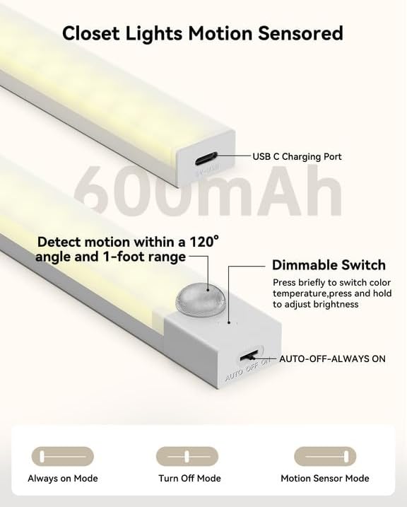 Under Cabinet Lighting 8 Inches Rechargeable Motion Sensor Light Indoor, 3 Color Dimmable Closet Light Battery Operated, USB Stick on LED Magnetic Under Counter Lights for Kitchen Stair, 6 Packs