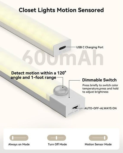 Under Cabinet Lighting 8 Inches Rechargeable Motion Sensor Light Indoor, 3 Color Dimmable Closet Light Battery Operated, USB Stick on LED Magnetic Under Counter Lights for Kitchen Stair, 3 Packs