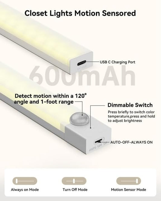 Under Cabinet Lighting 12 Inches Rechargeable Motion Sensor Light Indoor, 3 Color Dimmable Closet Light Battery Operated, USB Stick on LED Magnetic Under Counter Lights for Kitchen Stair, 6Packs
