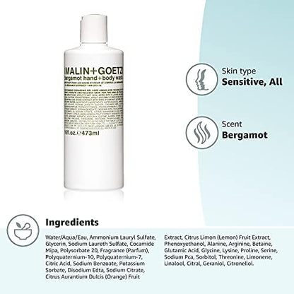 MALIN+GOETZ Hand + Body Wash | Gentle Foaming Cleanser with Botanical Extracts and Amino Acids | Hydrating, pH-Balanced, Unisex Scent | Vegan & Cruelty-Free (Bergamot, 16 Fl Oz)