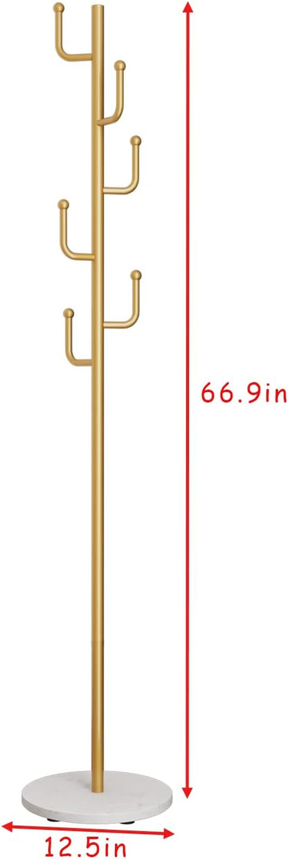 Gold Coat Rack, Free-standing Small Modern Coat Stand Tree with 6 Hooks, Marble Base, Hat & Coat Cactus Shape Hanger for Bedroom, Office, Metal Vintage, gold