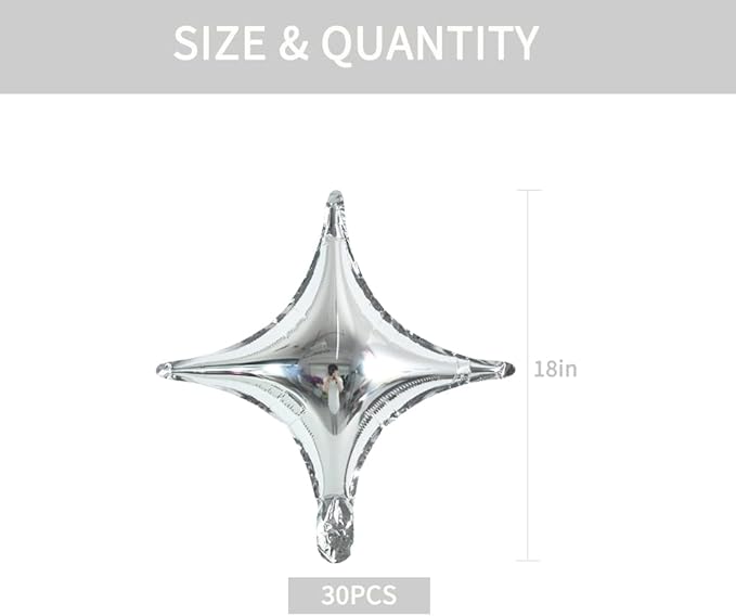 18inch Star Shape Foil Mylar Balloon,30 pcs Silver Four Angle Star Balloons for Birthday Party,Wedding,Valentine's Day, engagement party，Christmas,Baby Shower Backdrops Decorations