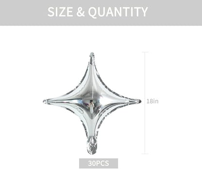 18inch Star Shape Foil Mylar Balloon,30 pcs Silver Four Angle Star Balloons for Birthday Party,Wedding,Valentine's Day, engagement party，Christmas,Baby Shower Backdrops Decorations