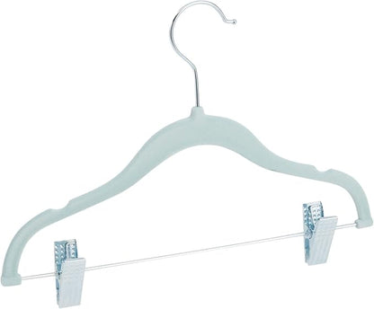 Juvale 24-Pack Light Blue Velvet Hangers for Baby & Kids Clothes with Clips – 360° Swivel Hook, Anti-Slip Space-Saving Design for Pants, Tank Tops, Skirts (12×8 in Baby Hanger)