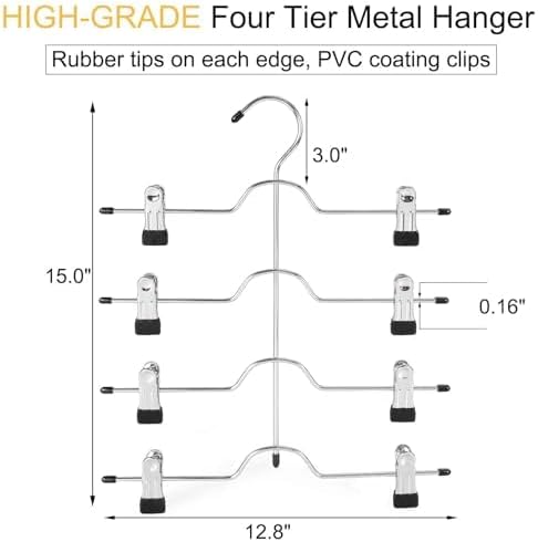 TOPIA HANGER 4 Tier Metal Skirt Hangers for Women, Pants Hanger Space Saving with Adjustable Clips, Gain 70% More Space, Non Slip Grip for Slacks, Trousers, Shorts, Jeans, Towels, Black, 2-Pack, CT20B