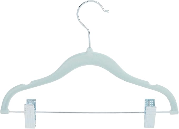 Juvale 24-Pack Light Blue Velvet Hangers for Baby & Kids Clothes with Clips – 360° Swivel Hook, Anti-Slip Space-Saving Design for Pants, Tank Tops, Skirts (12×8 in Baby Hanger)