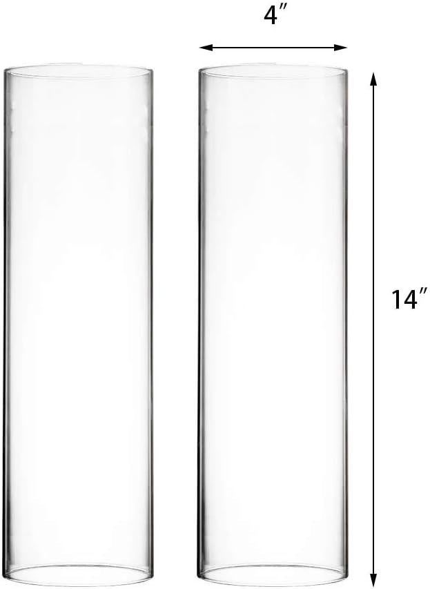 CYS EXCEL 2 PCS (H:14" D:4") Open Ended Glass Hurricane Candleholder Tube Shade | Multiple Size Choices Open Flame Candle Chimney Tube Cover | Bottomless Cylinder