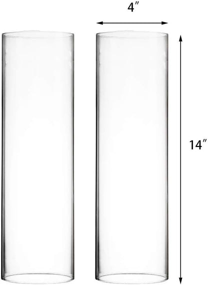 CYS EXCEL 2 PCS (H:14" D:4") Open Ended Glass Hurricane Candleholder Tube Shade | Multiple Size Choices Open Flame Candle Chimney Tube Cover | Bottomless Cylinder