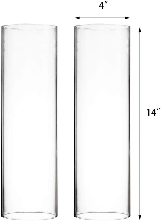 CYS EXCEL 2 PCS (H:14" D:4") Open Ended Glass Hurricane Candleholder Tube Shade | Multiple Size Choices Open Flame Candle Chimney Tube Cover | Bottomless Cylinder