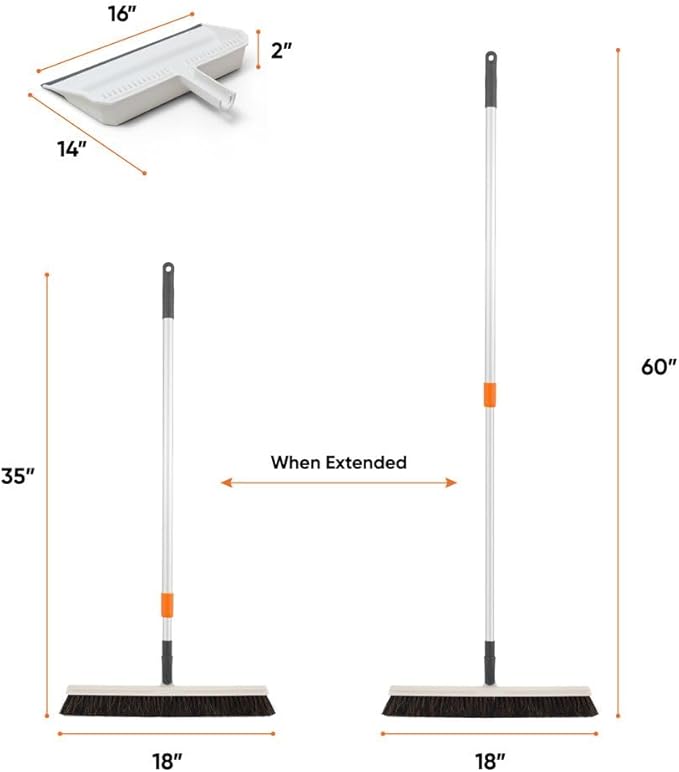 Superio 18" Horse Hair Upright Broom and 16" Dustpan with Comb – Narrow Thin Dust Broom for Dog Hair – Telescopic Handle – Floor Cleaning Set for Hardwood & Tile – Gray/White