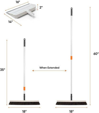 Superio 18" Horse Hair Upright Broom and 16" Dustpan with Comb – Narrow Thin Dust Broom for Dog Hair – Telescopic Handle – Floor Cleaning Set for Hardwood & Tile – Gray/White