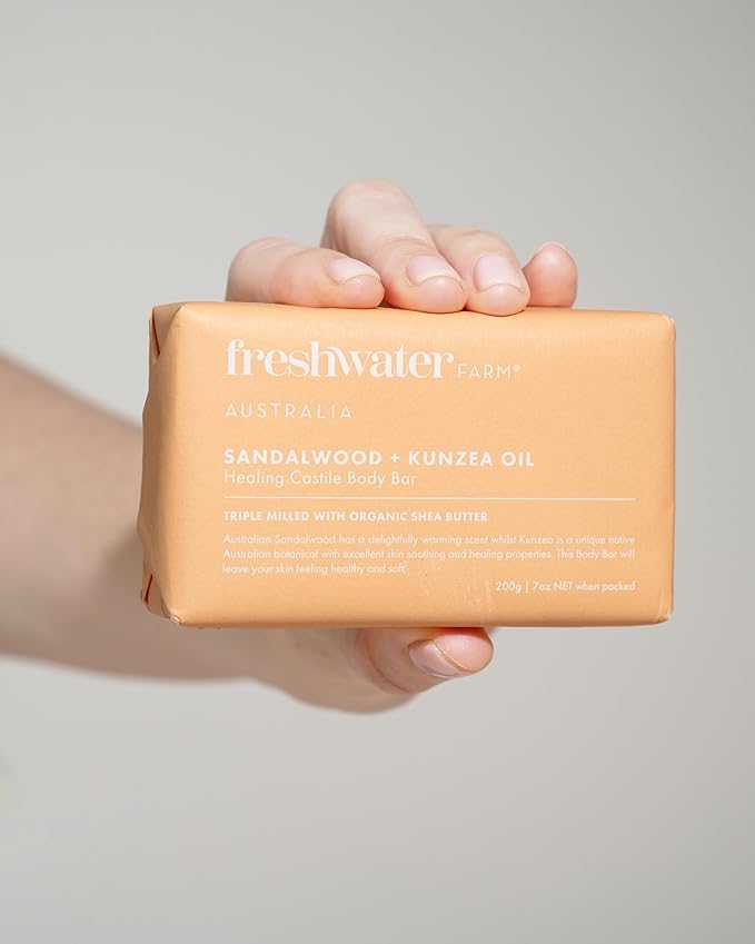 Freshwater Farm Australia Natural Soap Bar- Healing Sandalwood + Kunzea Oil 7oz x 8 Pack.Castile Natural Bar Soap/Body Soap Bars With Essential Oil For Sensitive Skin