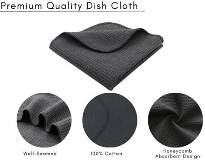 PurpleEssences Dish Cloths and Dish Rags - 8 Pack Waffle Weave Solid Kitchen Dish Wash Cloths, 100% Cotton, 12 x 12 Inches, Ultra Soft Absorbent Quick Drying - Fall Thanksgiving - Dark Grey
