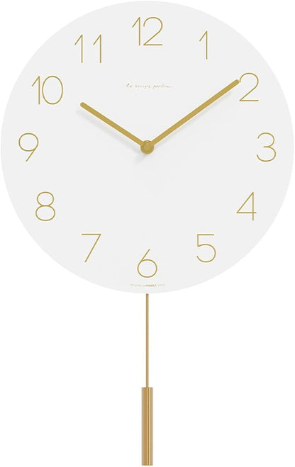 mooas Flatwood Wall Clock Pendulum White,12" Wood Wall Clock Non-Ticking Sweep Movement Decorative Clock Battery Operated Clock for Home Living Room Kitchen Bedroom Office School
