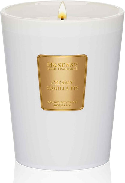 M&SENSE Creamy Vanilla Pie Scented Natural Soy Wax Candle, 14.1oz 60 Hours Long Lasting Slow Burning Candles for Home Decor, Aromatherapy Candle for Stress Relief