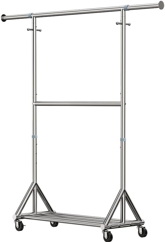 100% Stainless Steel Heavy Duty Clothes Rack Load 860LBS, Adjustbale Height Double Rods Clothing Racks for Hanging Clothes, Rolling Garment Rack With Sturdy Wheels Shelf (Silver, 73.8"H*63.6"W*16.9"D)