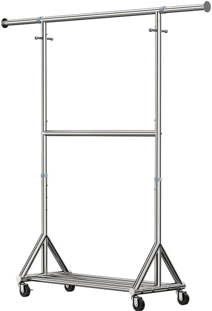 100% Stainless Steel Heavy Duty Clothes Rack Load 860LBS, Adjustbale Height Double Rods Clothing Racks for Hanging Clothes, Rolling Garment Rack With Sturdy Wheels Shelf (Silver, 73.8"H*63.6"W*16.9"D)